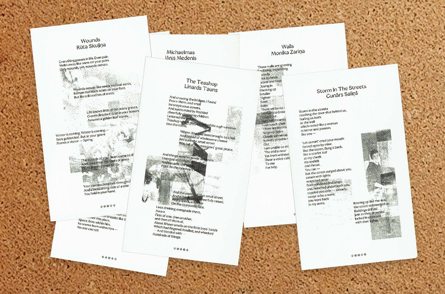 installation output showing collaged paintings and poetry overlay